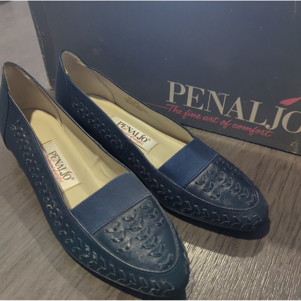 Vintage Penaljo Comfort Shoes Navy Blue Perforated Slip On Flats Women's 5.5 M
